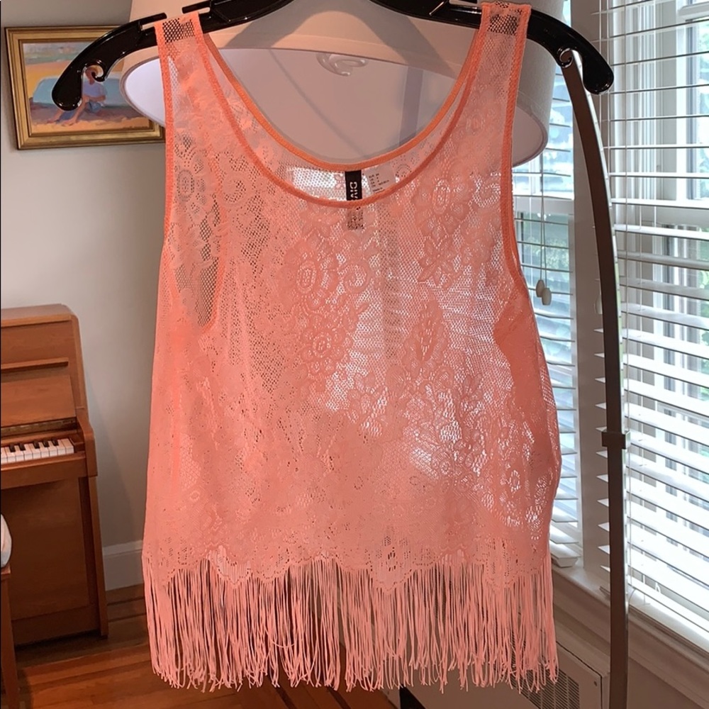 Peach lace fringe top